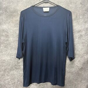 St John Navy Blue Ribbed Knit Half Sleeve Crew Neck Top Womens L Quiet Luxury